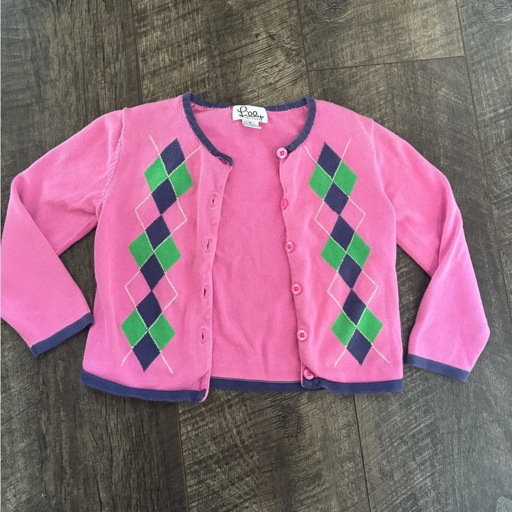 Lilly Pulitzer Little Girls Pink Cardigan with Green Argyle Pattern - Picture 1 of 3